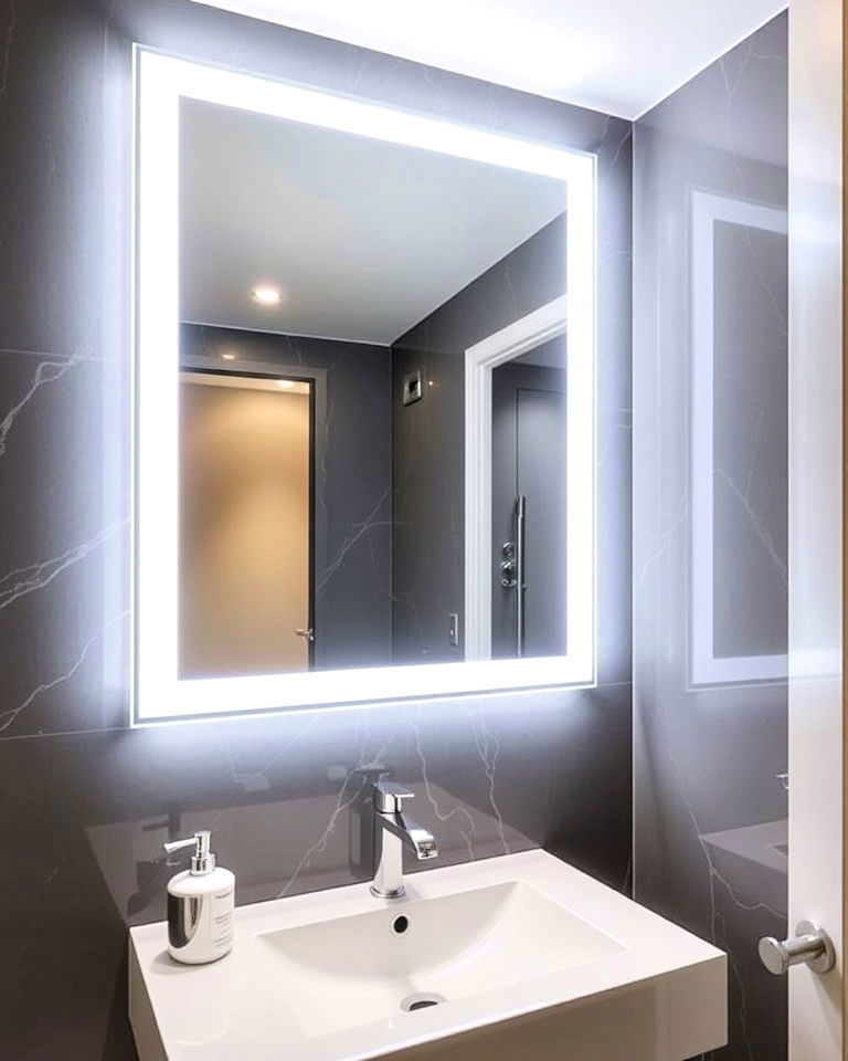 elegant illuminated mirror - 20 Luxury Powder Room Ideas