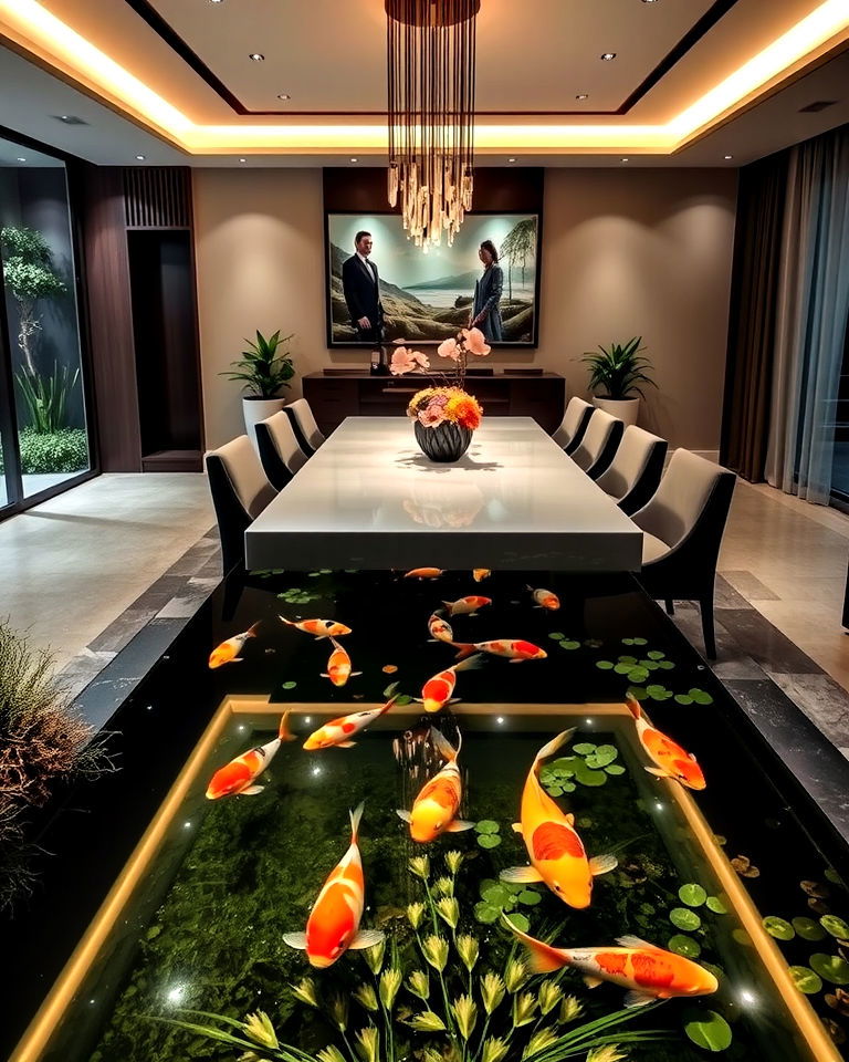 elegant indoor dining area pond - 20 Indoor Koi Pond Ideas