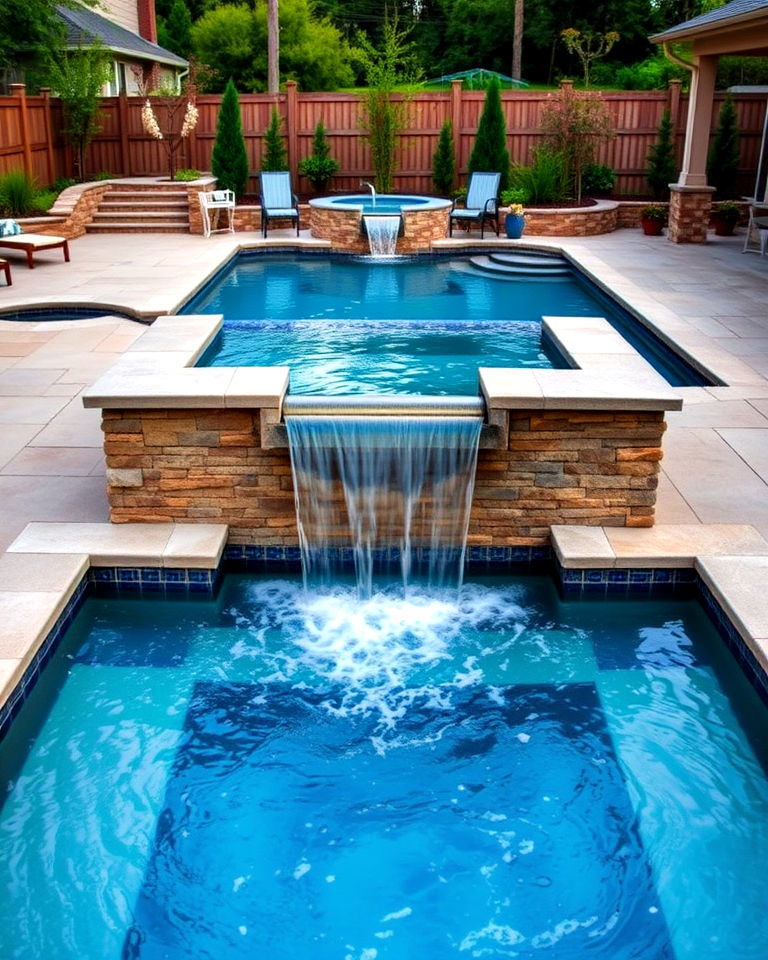 elegant integrated waterfall feature - 20 Rectangle Pool With Hot Tub