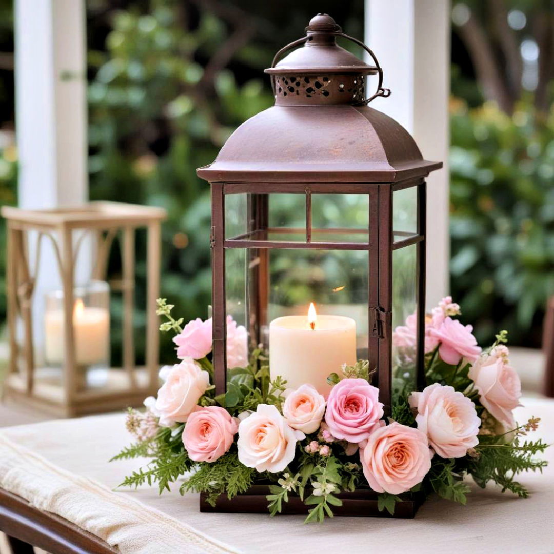 elegant lantern with flowers - 25 Spring Centerpiece Ideas