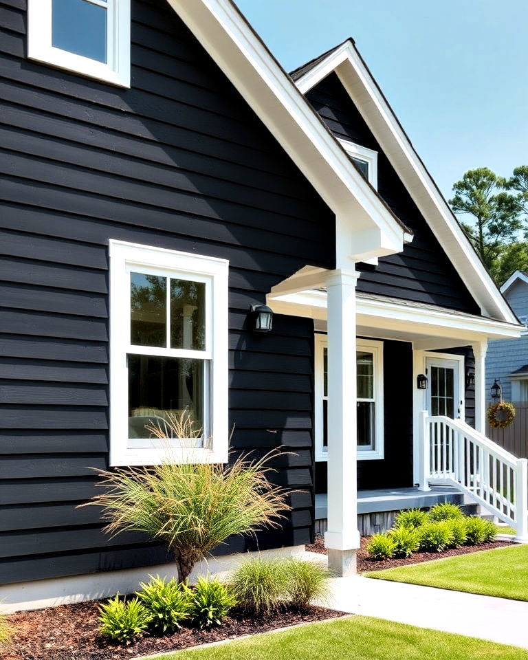 elegant light trim on black siding - 30 Black Siding House Ideas