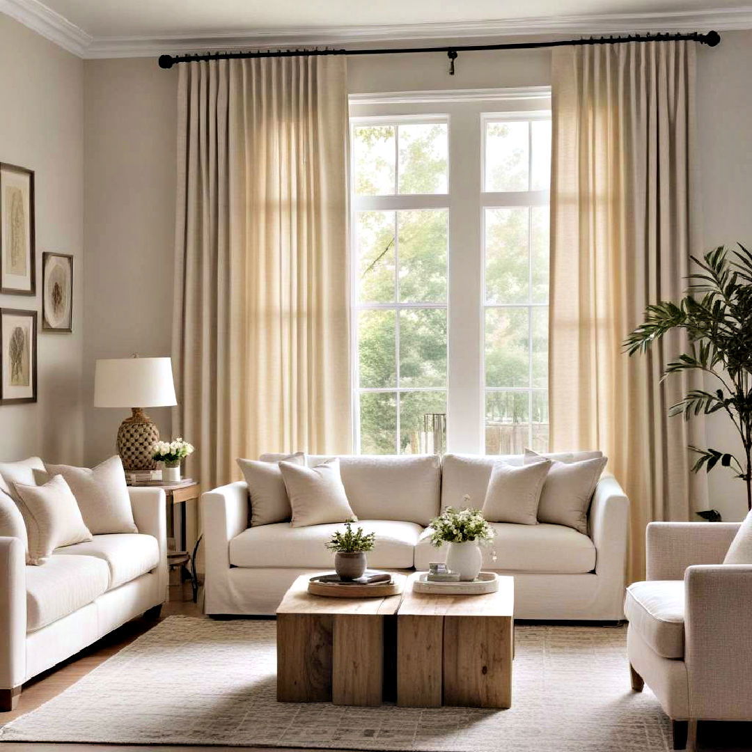 elegant linen drapes - 40 Neutral Living Room Ideas