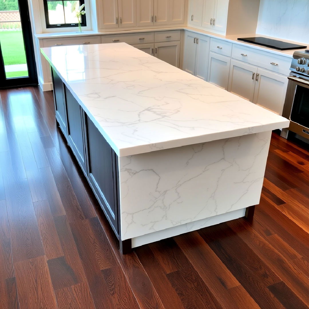 elegant marble countertop island - 25 Kitchen With Dark Wood Floors