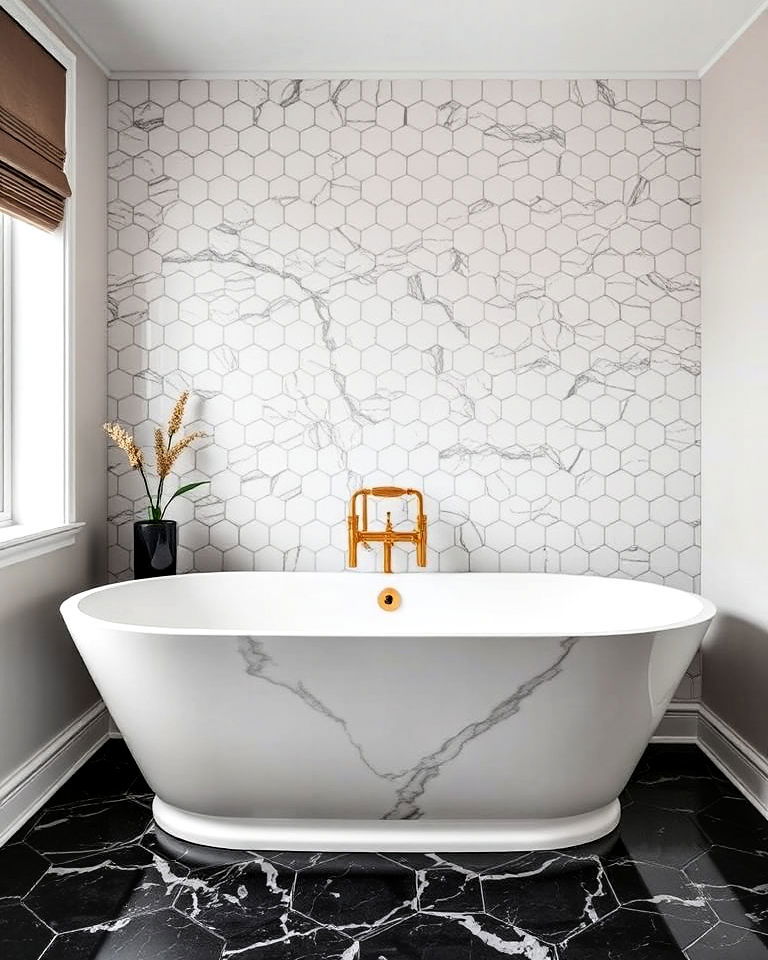 elegant marble hexagon tiles - 40 Bathtub Tile Ideas