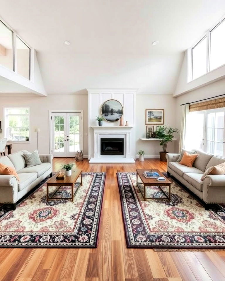 elegant matching rugs for seating zones - 15 Symmetrical Living Room Ideas