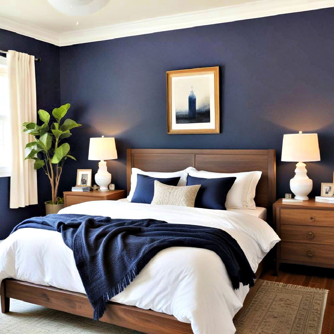 elegant midnight blue feature wall - 40 Blue Bedroom Ideas