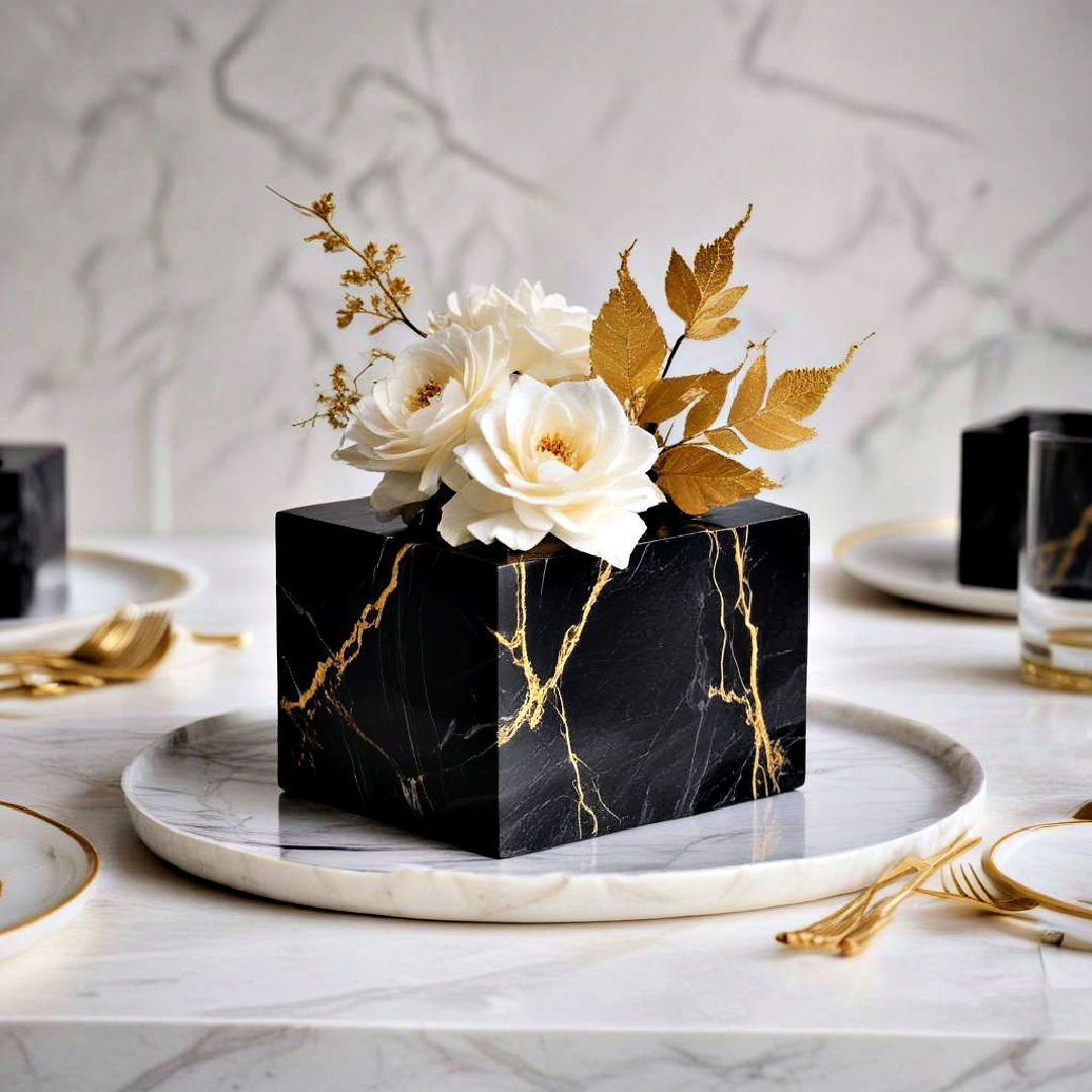 elegant minimalist marble block - 20 Black and Gold Centerpiece Ideas