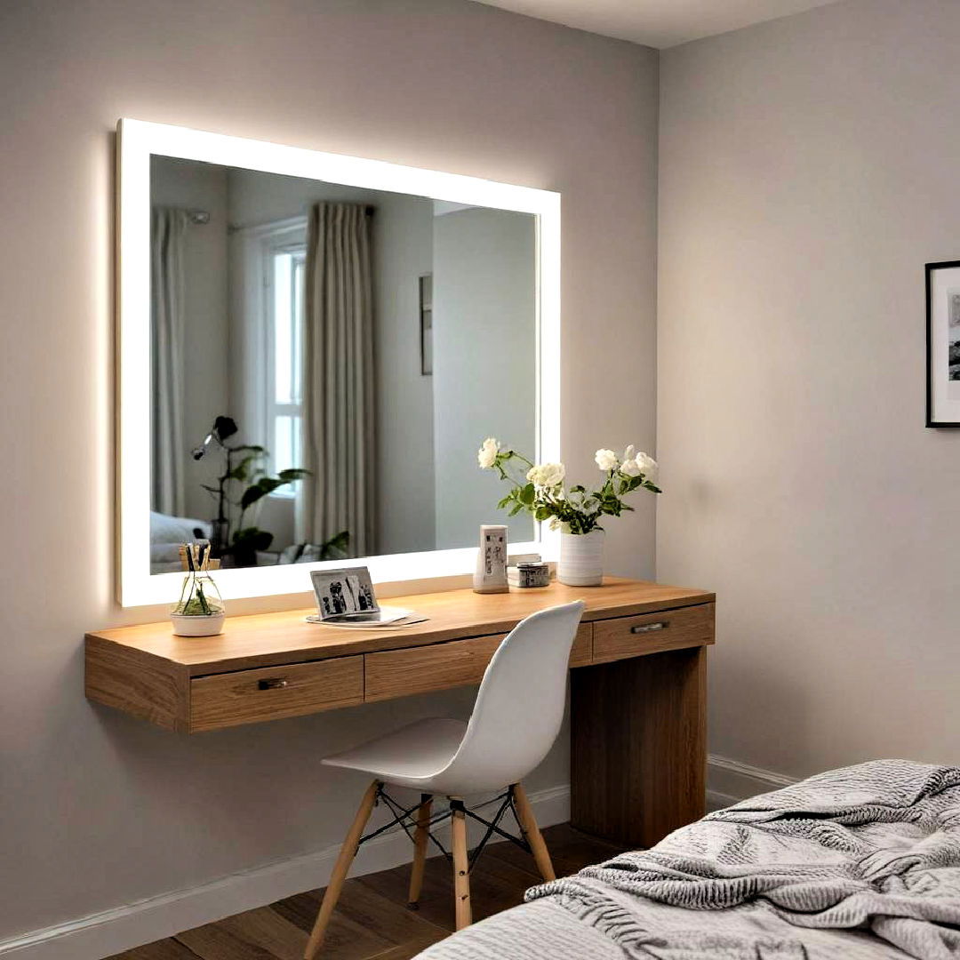 elegant mirror with built in lights - 15 Small Bedroom Lighting Ideas