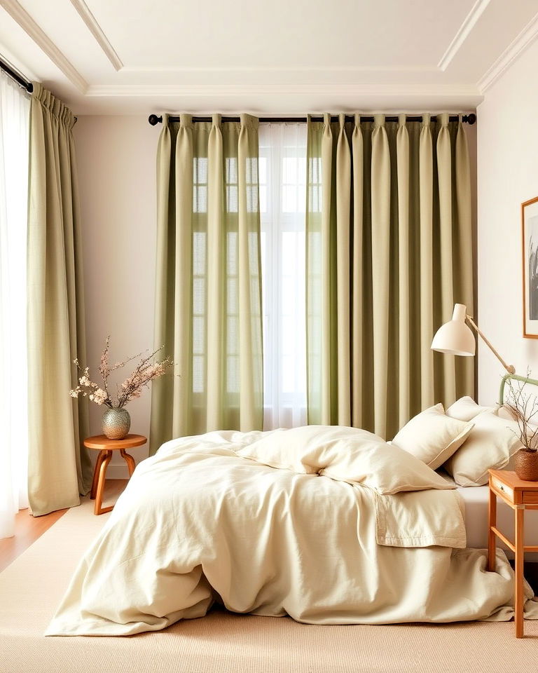 elegant muted green curtains with beige bedding - 30 Green and Beige Bedroom Ideas