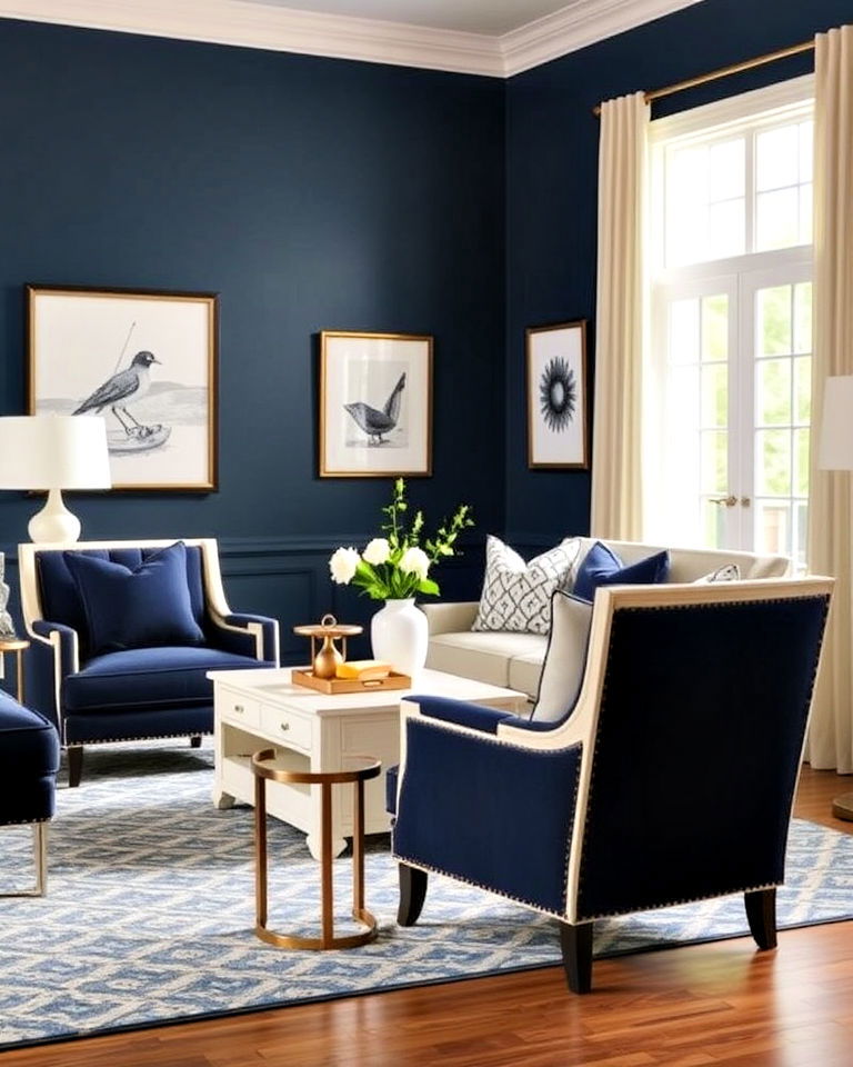 elegant navy and cream accent chairs - 25 Navy and Cream Living Room Ideas