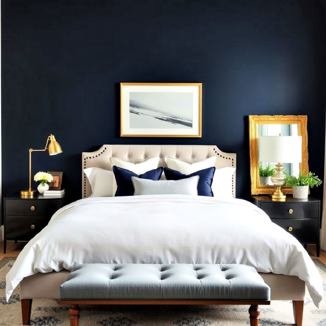 elegant navy blue accent wall - 40 Blue Bedroom Ideas