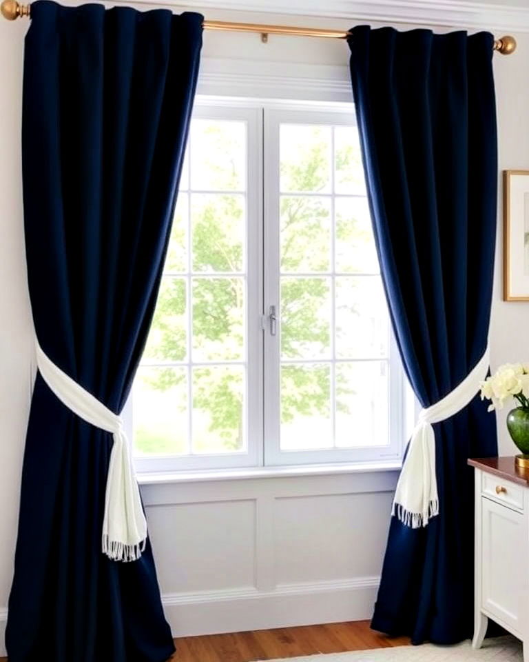 elegant navy blue curtains with white tiebacks - 25 Blue and White Bedroom Ideas