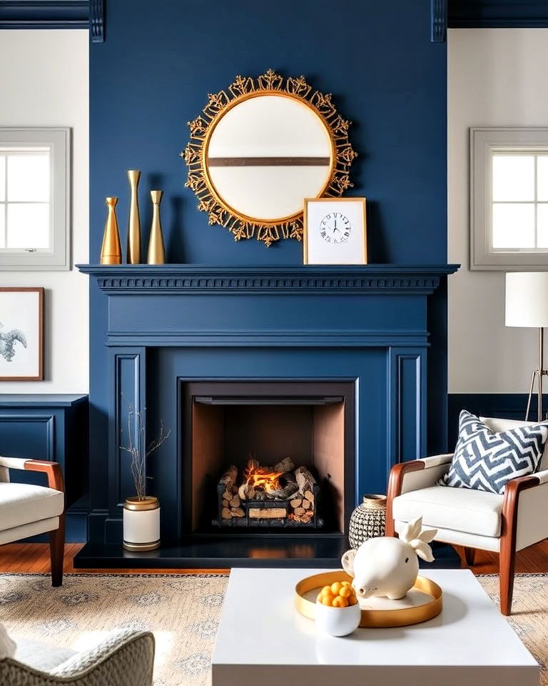elegant navy blue fireplace surround - 25 Navy Blue Living Room Ideas