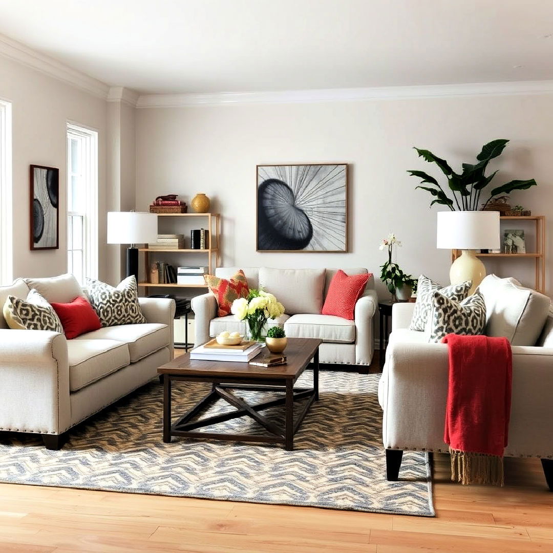 elegant neutral upholstery with bold accents - 40 Transitional Living Room Ideas
