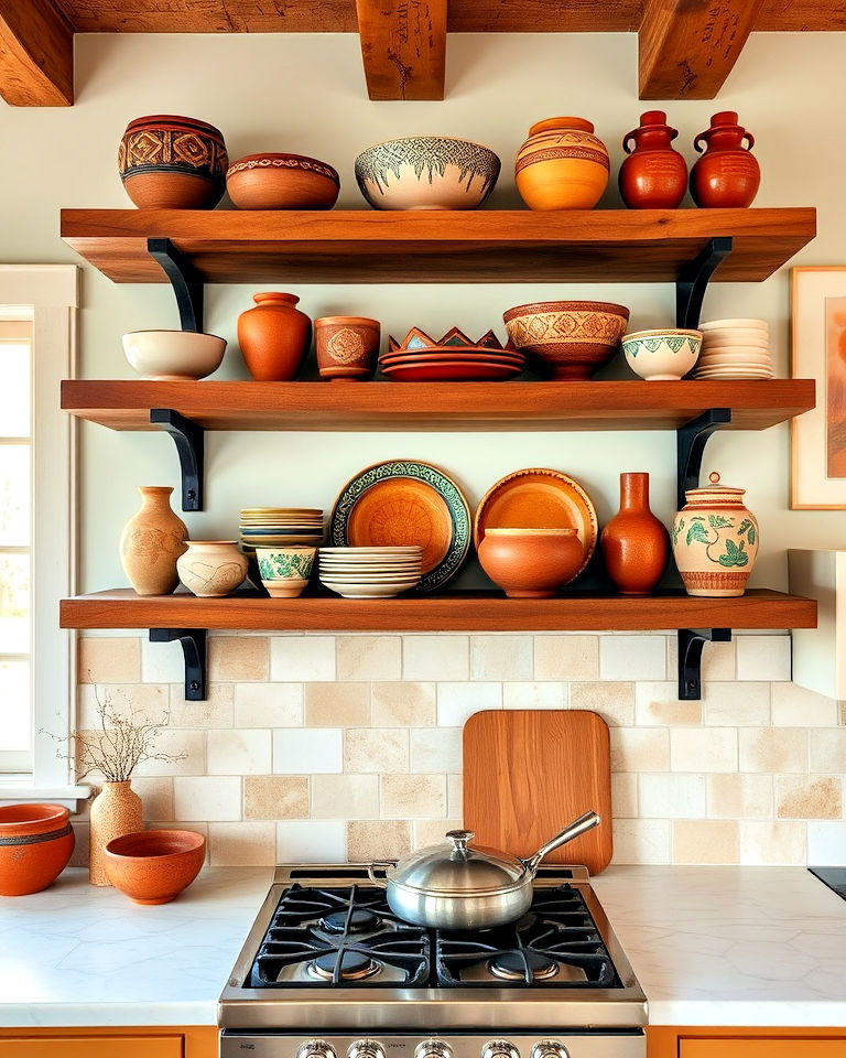 elegant open shelving with pottery display - 25 Southwestern Kitchen Ideas