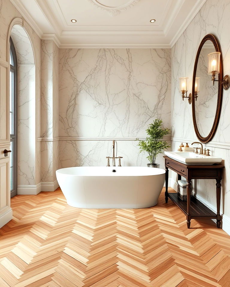 elegant parquet wood flooring for bathroom - 25 Ideas for Wood Floors in Bathrooms
