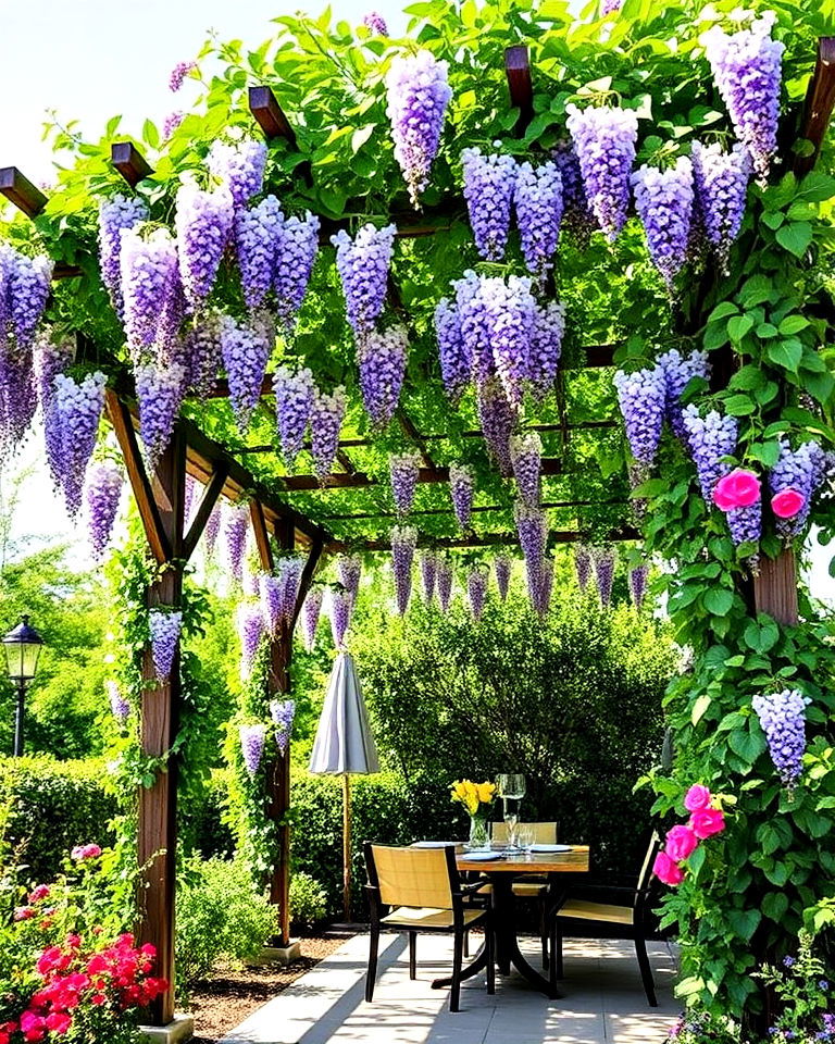 elegant pergola with climbing plants - 20 Garden Shade Ideas