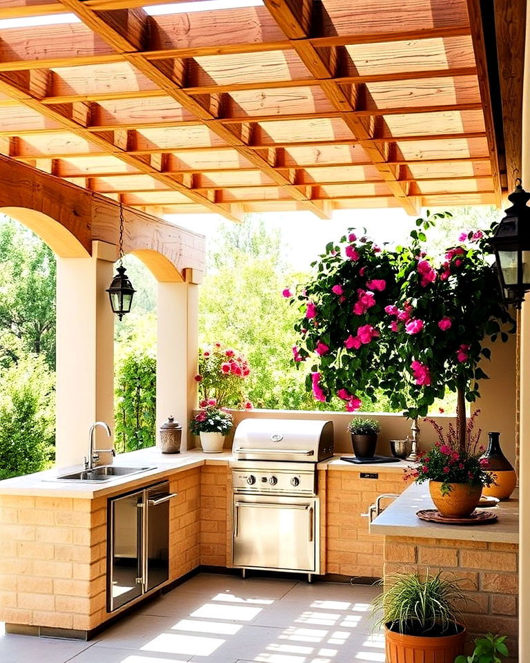 elegant pergola with wooden beams - 20 Spanish Style Outdoor Kitchen Ideas