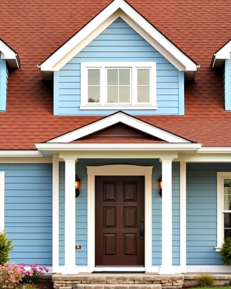 elegant periwinkle blue siding and mocha brown roof - 25 Blue Exterior Home With a Brown Roof Ideas