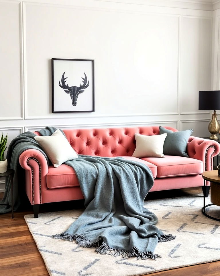 elegant pink velvet sofa with grey throw blankets - 25 Pink and Grey Living Room Ideas