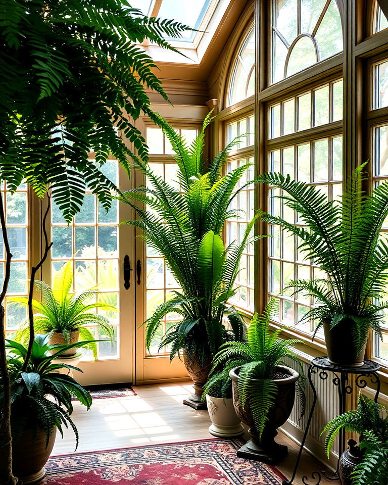 elegant potted ferns and greenery - 25 Victorian Sunroom Ideas