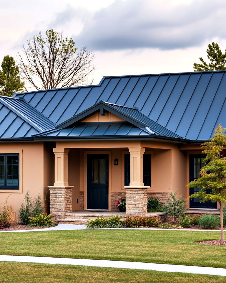 elegant prairie style home with midnight blue roof - 25 Houses With Blue Metal Roofs