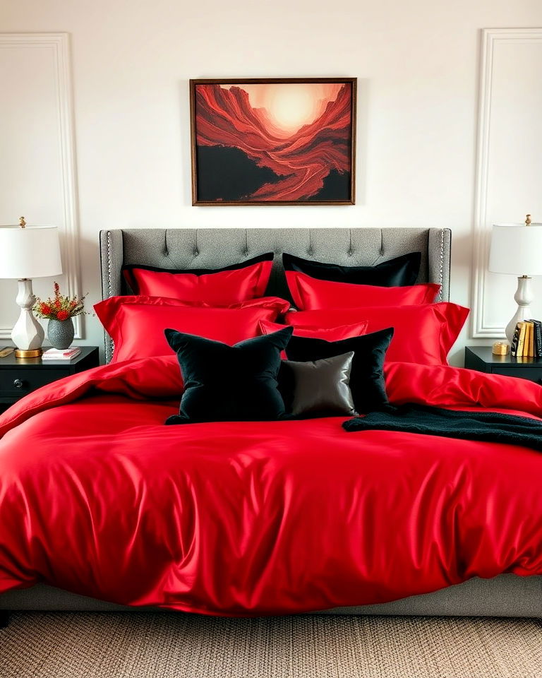 elegant red bedding with black accent pillows - 25 Red and Black Bedroom Ideas