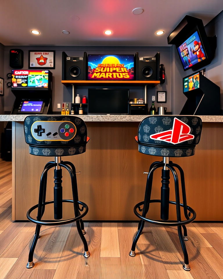 elegant retro gaming themed bar stools - 30 Retro Game Room Ideas