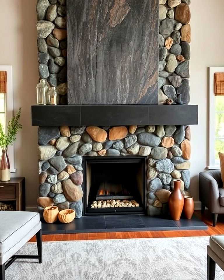 elegant river rock fireplace with a slate mantel - 30 River Rock Fireplace Ideas