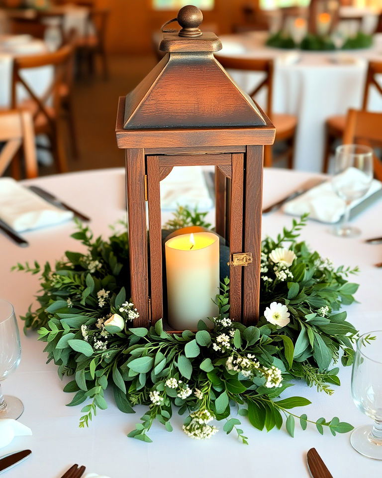 elegant rustic lanterns with greenery - 30 Rehearsal Dinner Centerpiece Ideas