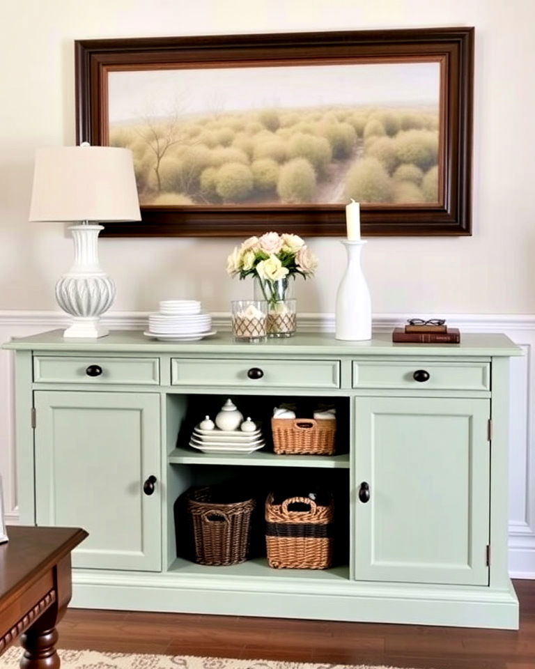 elegant sage green buffet table - 25 Sage Green Dining Room Ideas