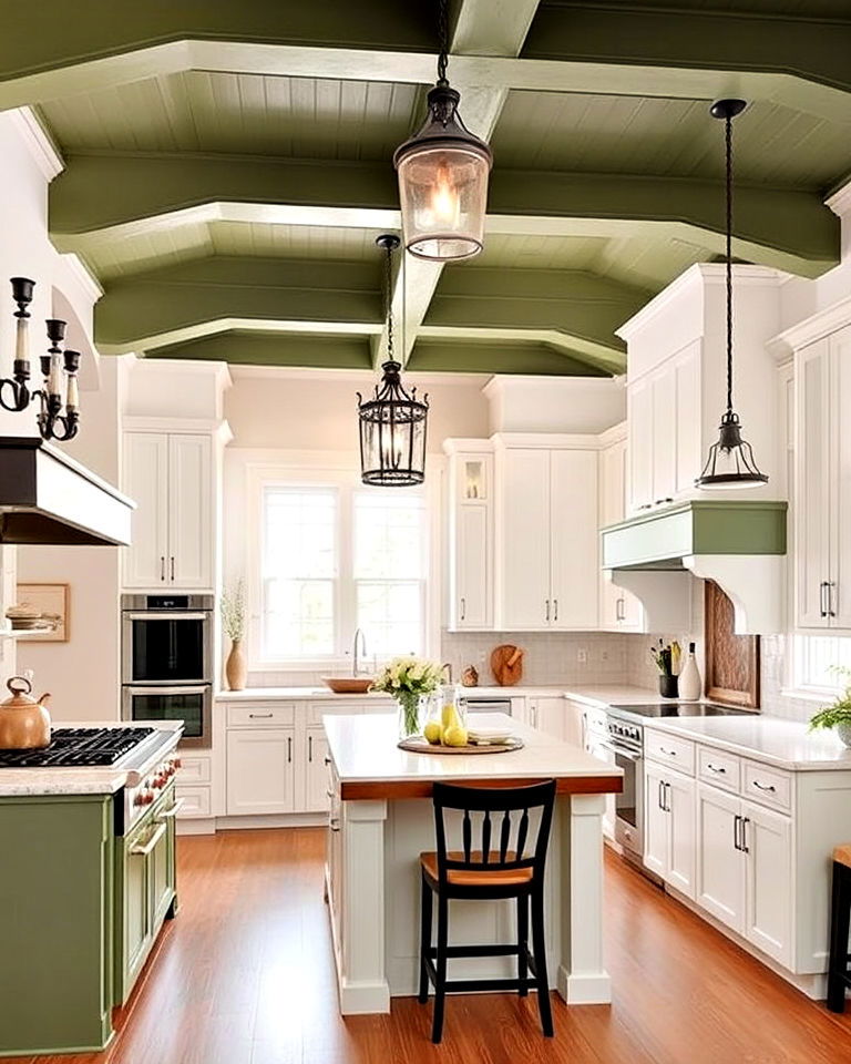 elegant sage green ceiling beams - 25 Sage Green and White Kitchen Ideas