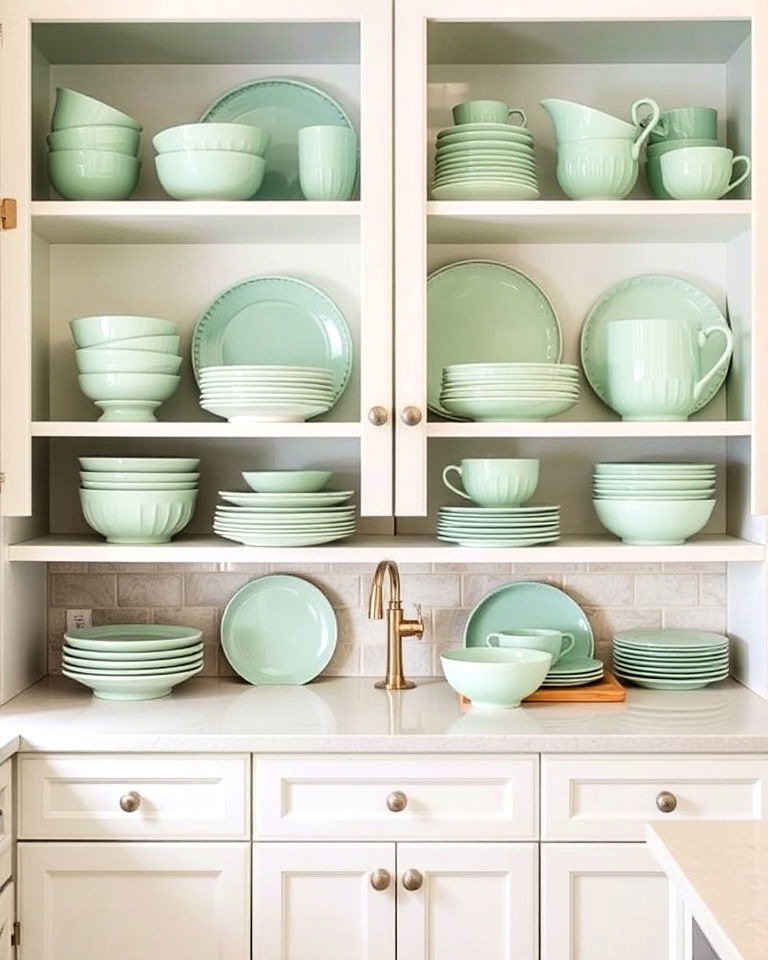 elegant seafoam green dishware display - 15 Seafoam Green Kitchen Ideas