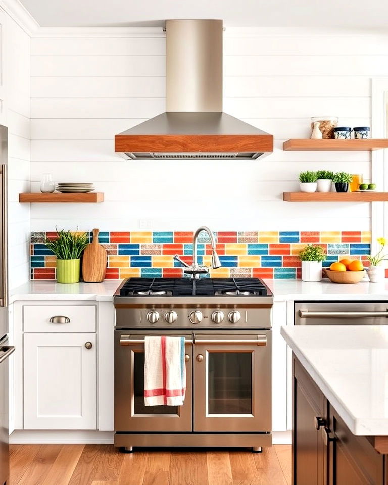 elegant shiplap backsplash with colorful tile accents - 30 Shiplap Backsplash Ideas for Your Kitchen