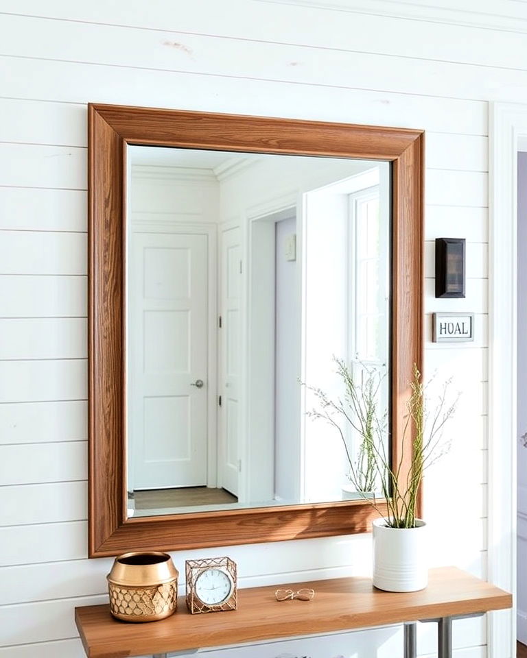 elegant shiplap with a large mirror - 25 Shiplap Wall Entryway Ideas