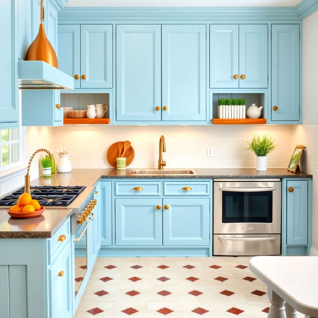 elegant sky blue cabinets paired with antique gold hardware - 30 Blue Kitchen Cabinets With Gold Hardware