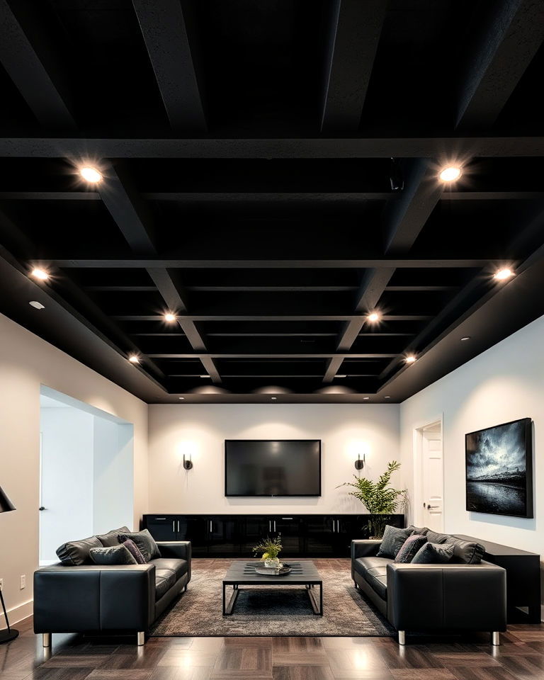 elegant sleek black ceiling - 25 Exposed Basement Ceiling Ideas