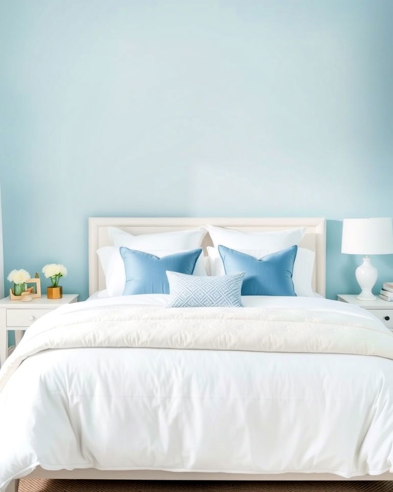 elegant soft blue walls with white bedding - 25 Blue and White Bedroom Ideas