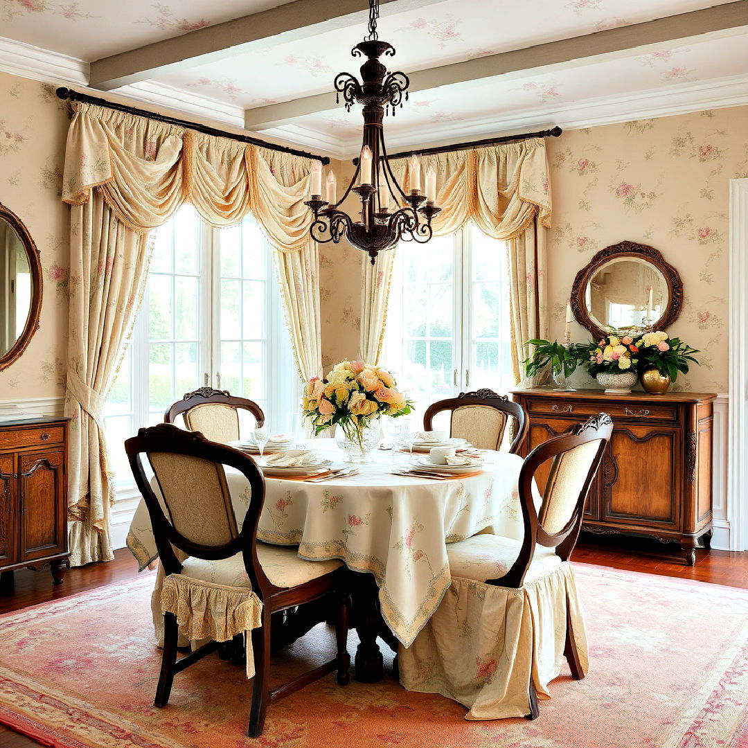 elegant soft floral fabrics - 40 French Country Dining Room Ideas