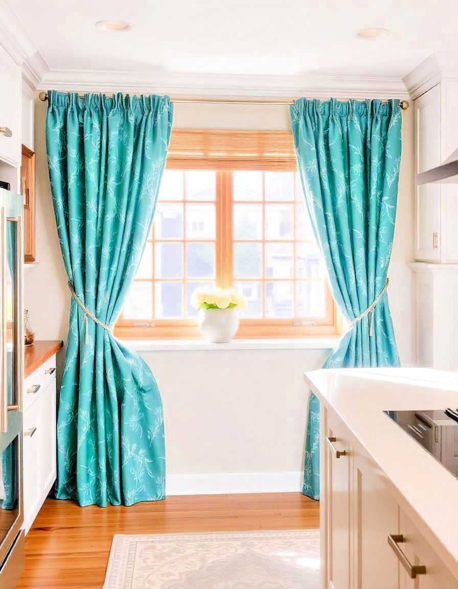 elegant soft teal curtains - 20 Teal Kitchen Ideas