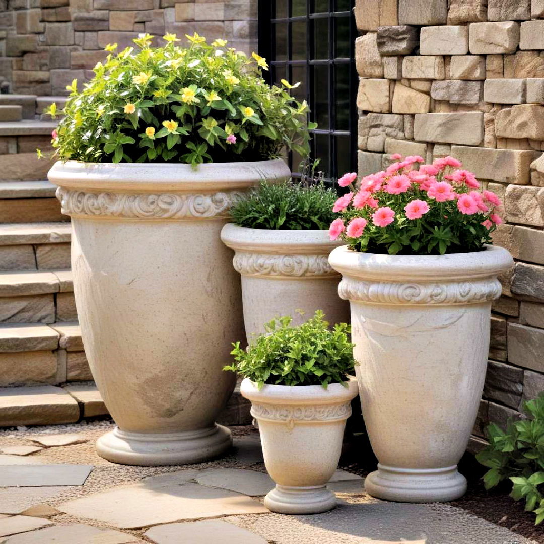 elegant stone plant holder - 40 Container Garden Ideas