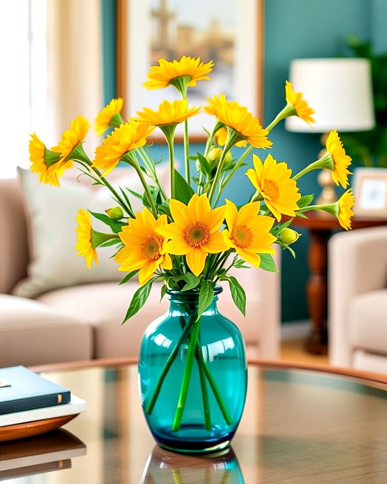 elegant teal and yellow floral arrangements - 25 Teal and Yellow Living Room Ideas