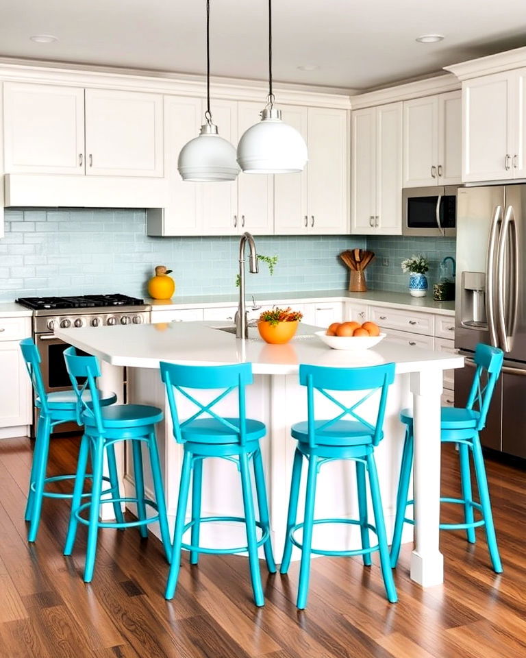 elegant teal bar stools with white kitchen island - 20 Teal and White Kitchen Ideas