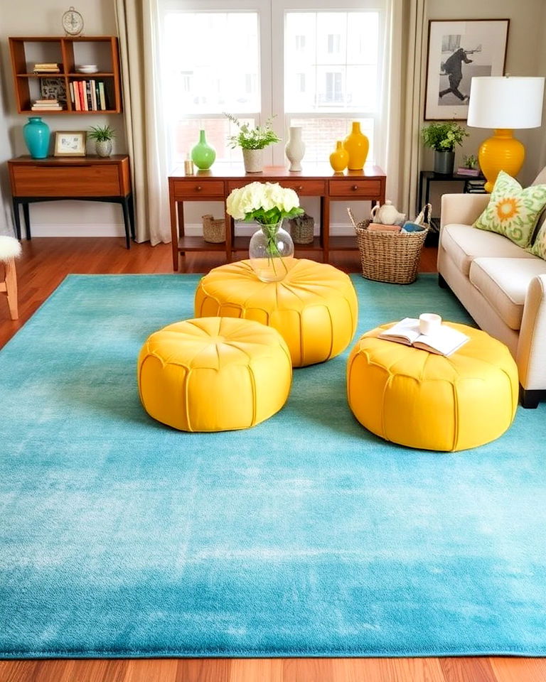 elegant teal rug with yellow poufs - 25 Teal and Yellow Living Room Ideas
