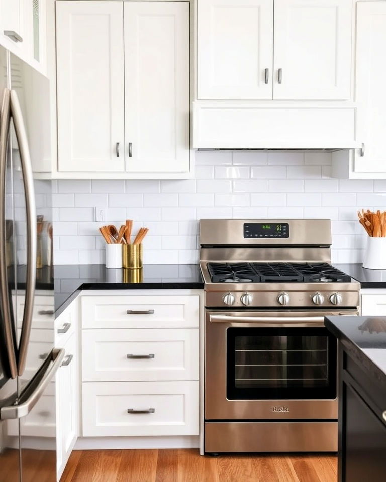 elegant timeless subway tile backsplash - 25 White Kitchen with Stainless Steel Appliances Ideas