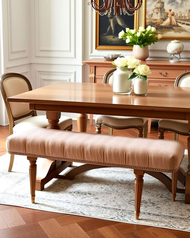 elegant upholstered dining bench - 25 French Parisian Dining Room Ideas