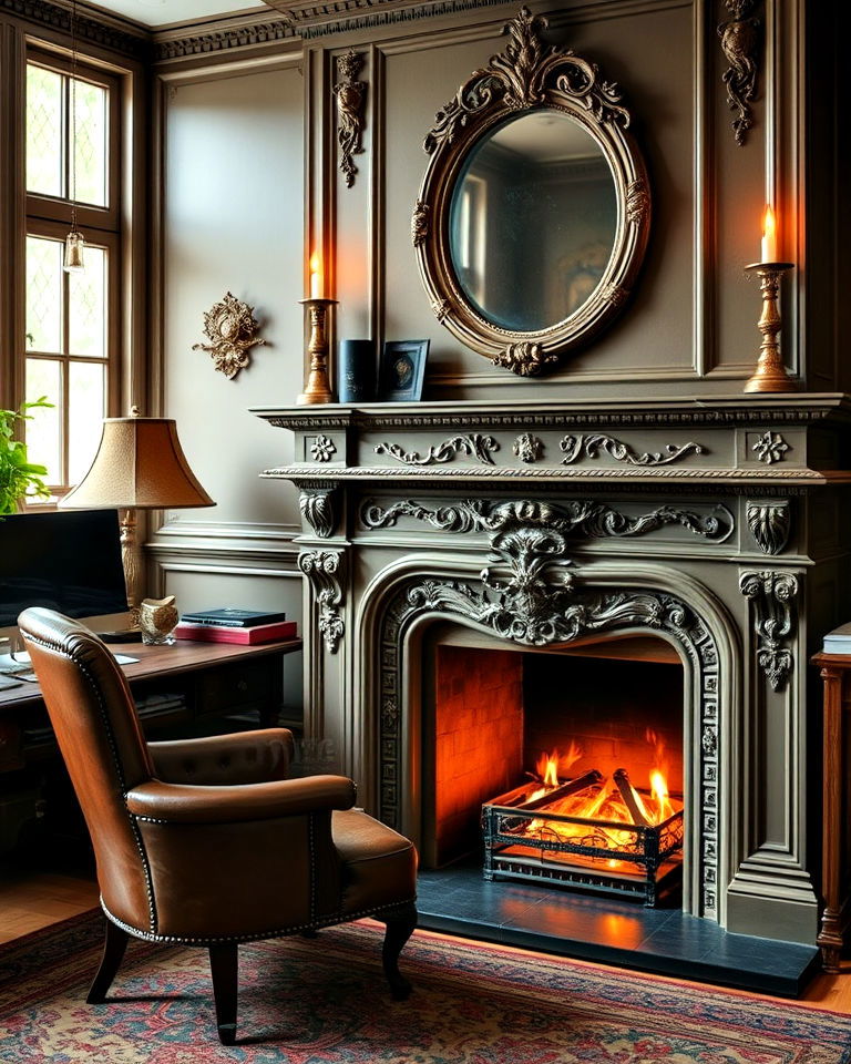 elegant victorian inspired office with ornate fireplace - 15 Home Offices With Fireplaces