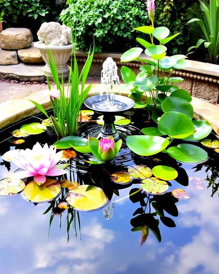 elegant water feature with aquatic plants - 25 Aesthetic Garden Ideas