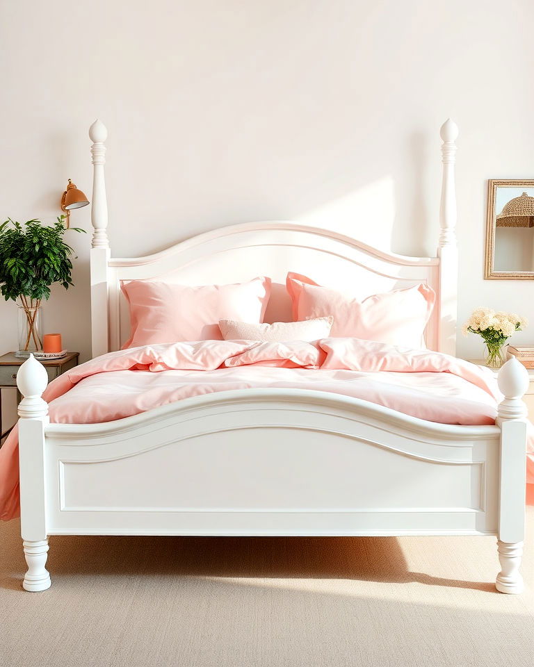 elegant white bed frame with pink bedding - 25 Pink and White Bedroom Ideas