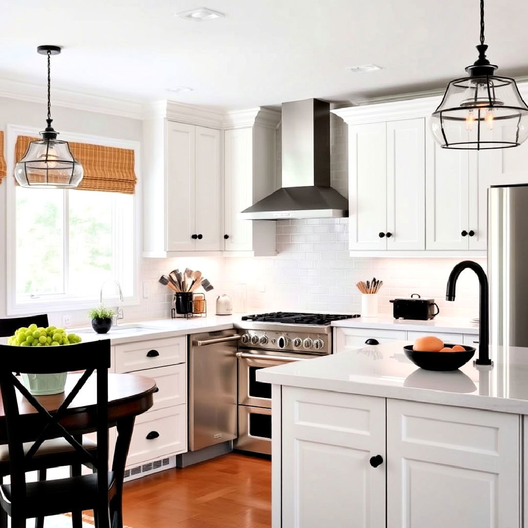 elegant white cabinets with black hardware - 40 Black and White Kitchen Ideas